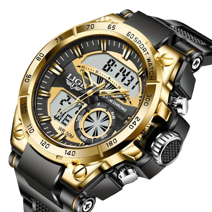 Habicare LIGE men's digital sports watch with LED display, quartz movement, and stopwatch, shown in four design options.