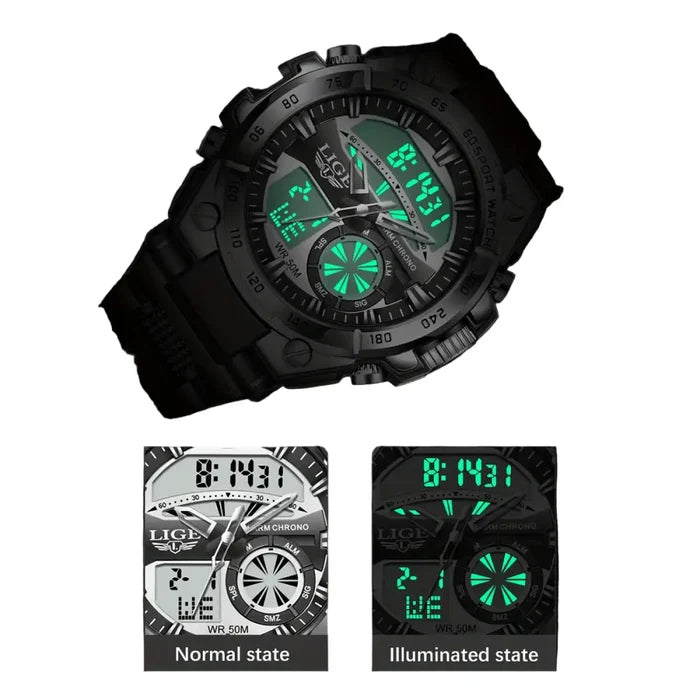 Habicare LIGE men's digital sports watch with LED display, quartz movement, and stopwatch feature, available in four designs.