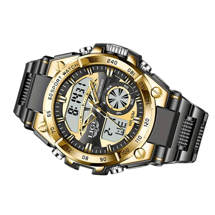 Habicare LIGE men's digital sports watch with LED display, quartz movement, and stopwatch, featuring four design options.