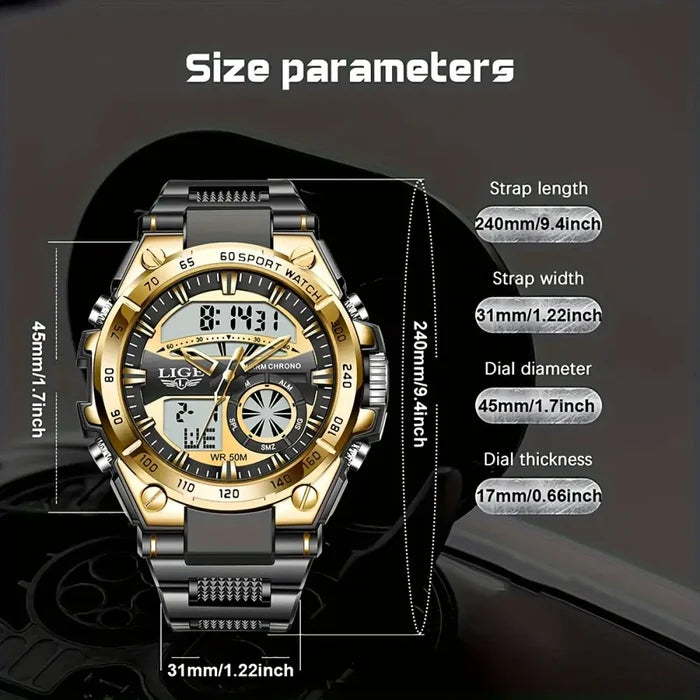 Habicare LIGE men's digital sports watch with LED display, quartz movement, and stopwatch, available in four designs.