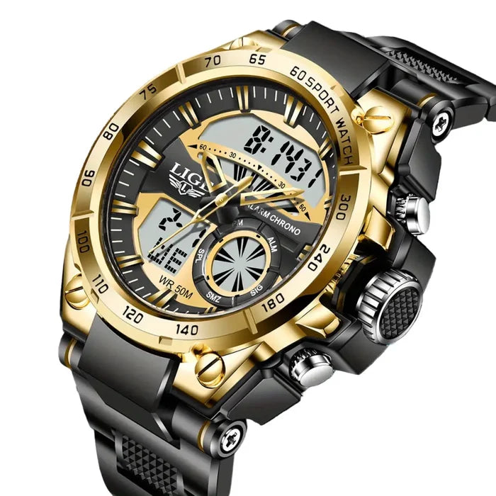 Habicare LIGE men's digital sports watch with LED display, quartz movement, and stopwatch feature, available in four designs.