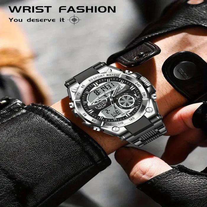 Habicare LIGE men's digital sports watch with LED display, quartz movement, and stopwatch feature in four available designs.
