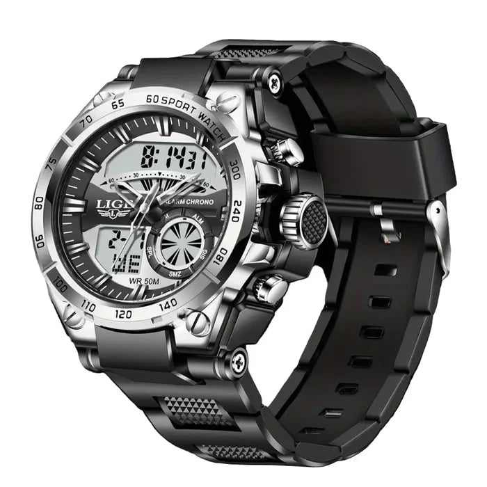 Habicare LIGE men's digital sports watch with LED display, quartz movement, and stopwatch feature, shown in a sleek design.