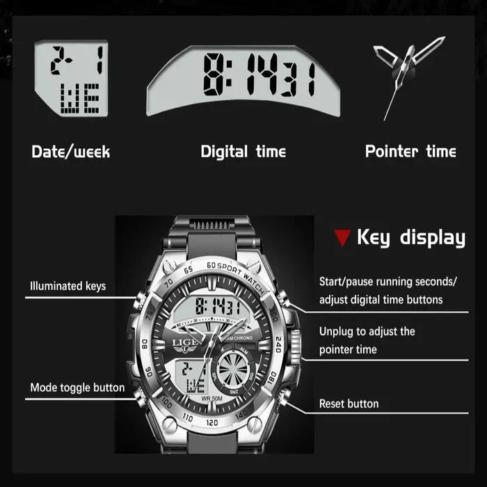 Habicare LIGE men's digital sports watch with LED display, quartz movement, and stopwatch function in four design options.