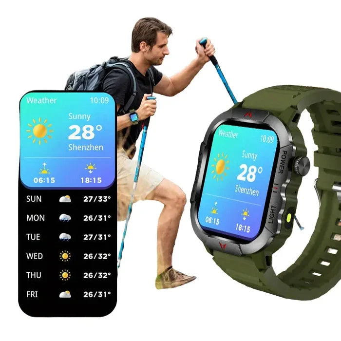 Habicare LIGE men's smartwatch with 2.01-inch large screen, flashlight, and weather alerts, featuring sleek TWS design.