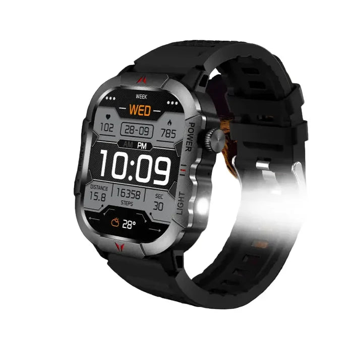 Habicare LIGE men's smartwatch with 2.01-inch large screen, flashlight, and weather alerts, featuring TWS wireless earbuds.