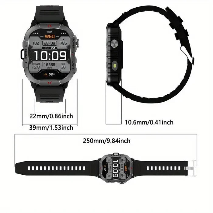 Habicare LIGE men's smartwatch with 2.01-inch large screen, flashlight, and weather alerts, showcasing the device's display and features.