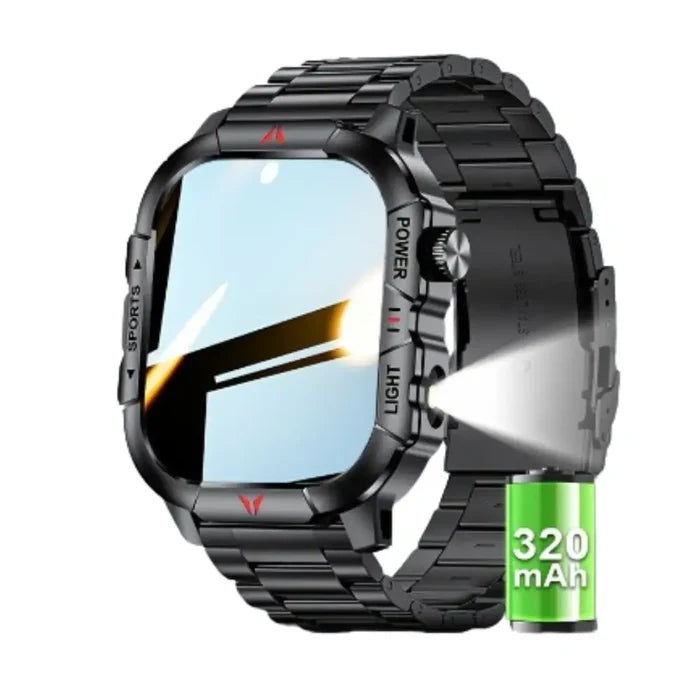 Habicare LIGE men's smartwatch with 2.01-inch large screen, flashlight, weather alerts, and TWS wireless earbuds in black.