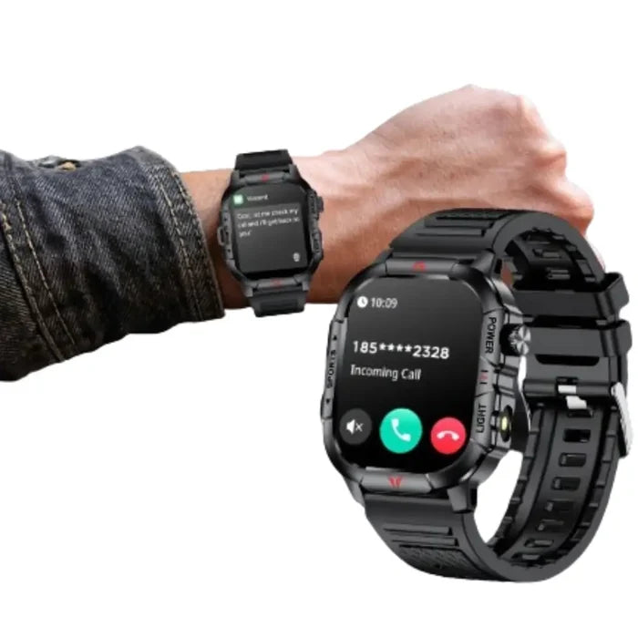 Habicare LIGE men's smartwatch with 2.01-inch large screen, flashlight, weather alerts, and TWS functionality, displayed on the device.
