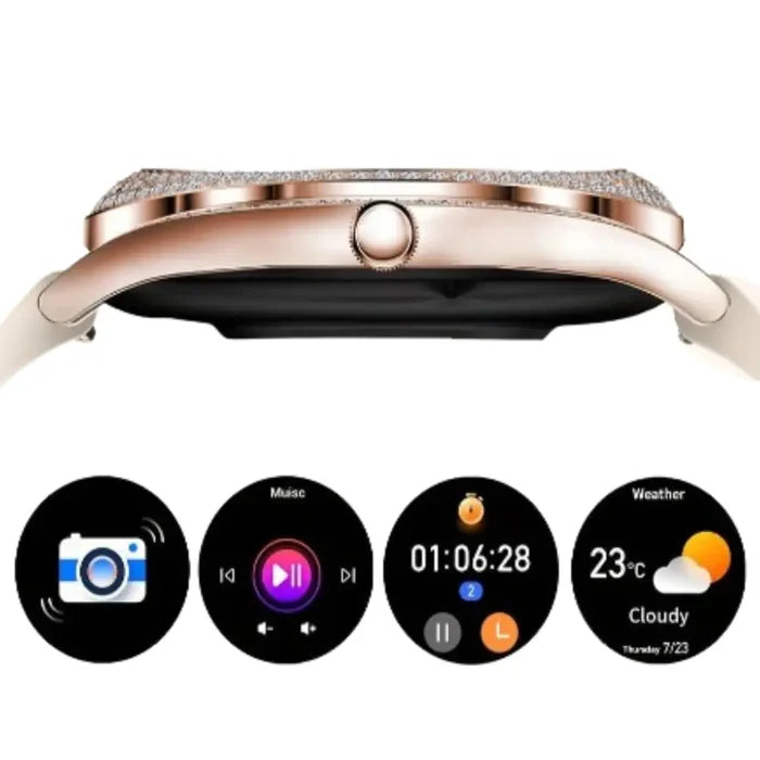 Habicare LIGE women's smartwatch with 3.25cm AMOLED display, fitness tracker, and 100+ sports modes in three colors.