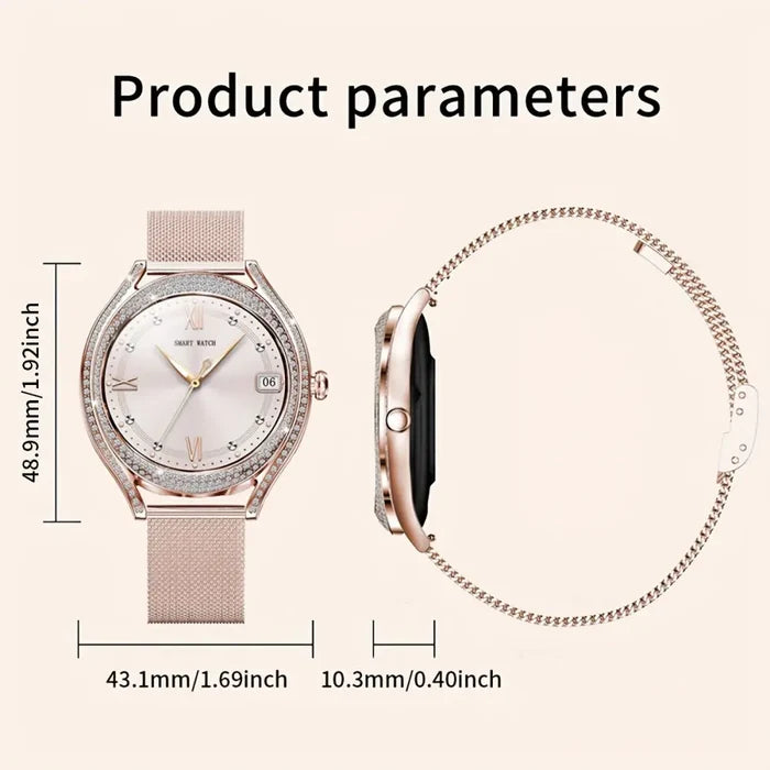Habicare LIGE Women's Smartwatch with 3.25cm AMOLED display, fitness tracker, and multiple sports modes in three colors.