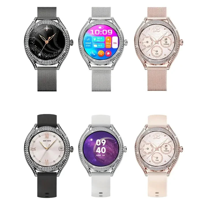 Habicare LIGE Women's Smartwatch with 3.25cm AMOLED display, fitness tracker, and 100+ sports modes in three colors.