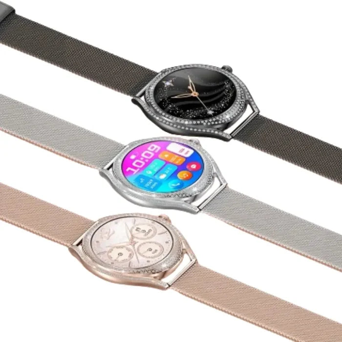 Habicare LIGE women's smartwatch with 3.25cm AMOLED display, fitness tracker, and multiple sports modes in three colors.