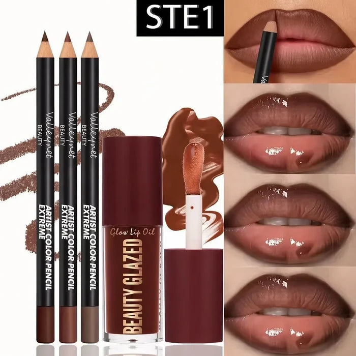ShopHub NZ 3-piece lip kit set with waterproof lip liners and a lip glaze, featuring natural shades and sleek packaging.