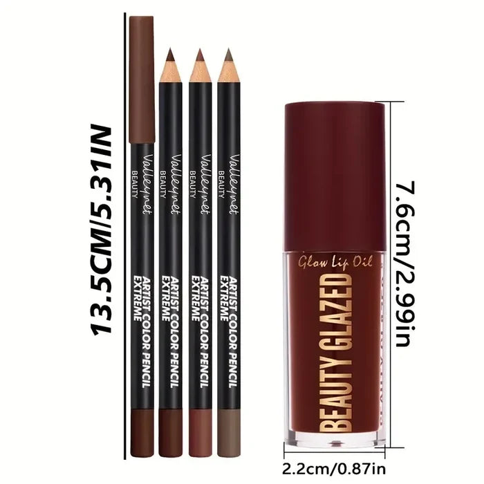 ShopHub NZ waterproof 3-piece lip liner set with 1 lip glaze, makeup kit featuring lip color and definition tools.