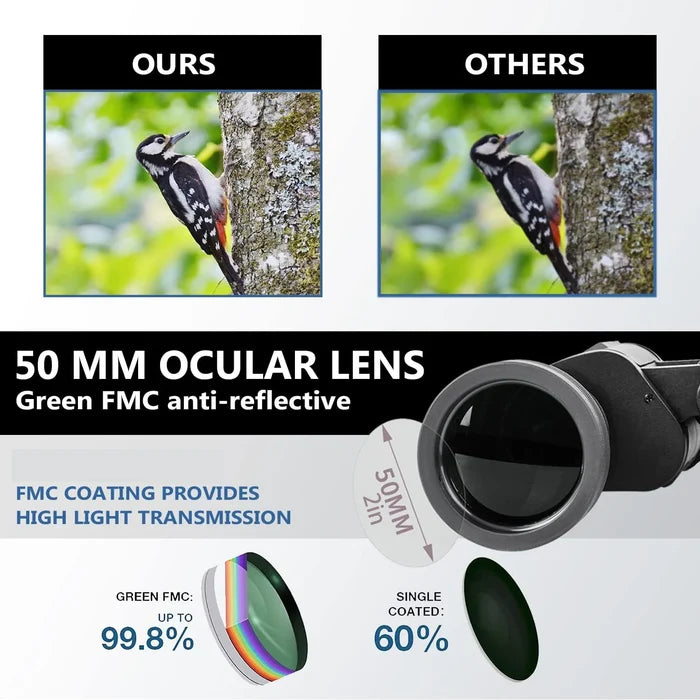 Habicare long-range binoculars with FMC coated BAK4 prisms, waterproof, 10x50 magnification for clear distant viewing.