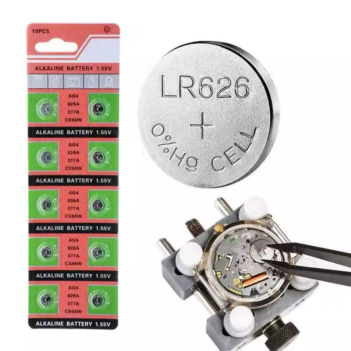 Ten-pack of LR626 AG4 button cell batteries from That Watch Shop, showing small round batteries for watches and devices.