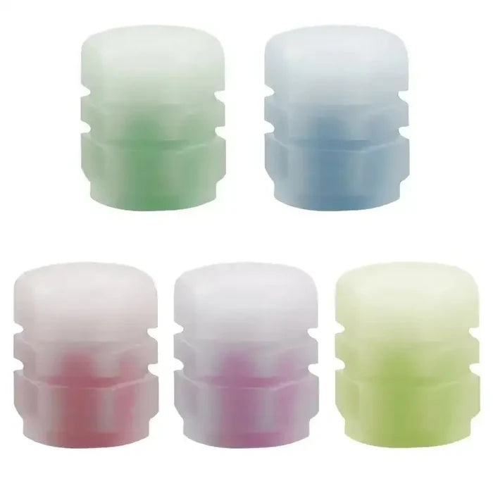 Luminous fluorescent tire valve caps by Habicare HBC with bright glow, designed for car and bike tires.