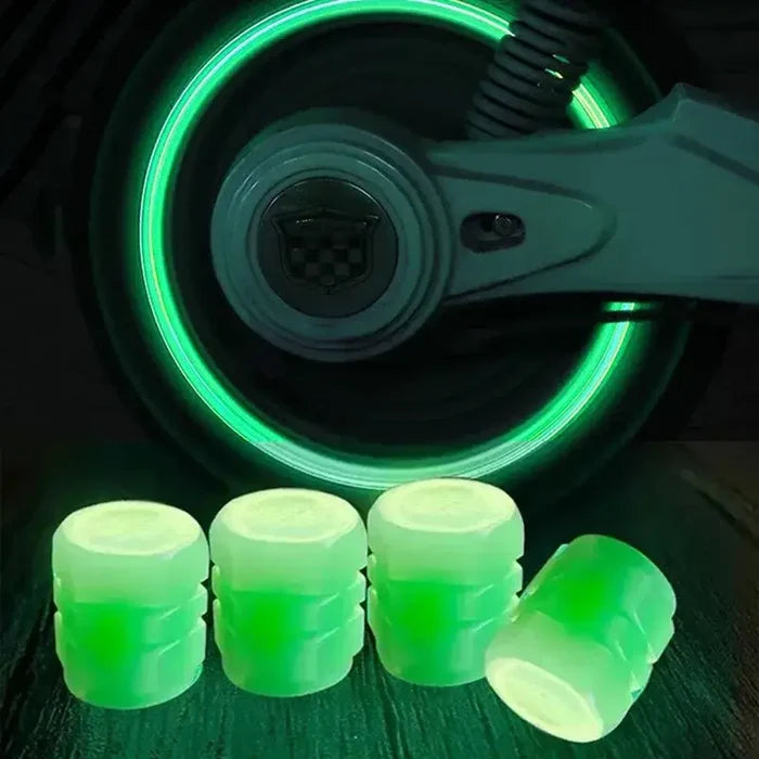Luminous fluorescent HBC tire valve caps by Habicare, bright glow-in-the-dark caps for vehicle tires, durable and eye-catching.