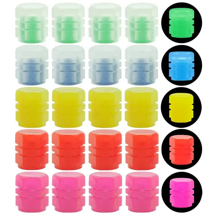 Luminous fluorescent tire valve caps by Habicare, HBC brand, shown on a vehicle's tire, glowing in low light conditions.