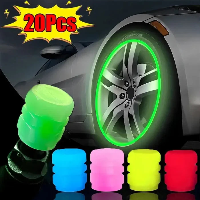 Luminous fluorescent tire valve caps by Habicare HBC, glowing bright green in the dark for easy visibility on vehicle tires.