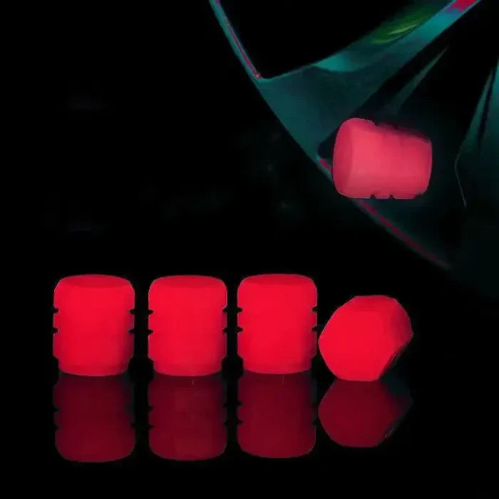 Luminous fluorescent tire valve caps by Habicare HBC, glowing in the dark for easy visibility on vehicle tires.