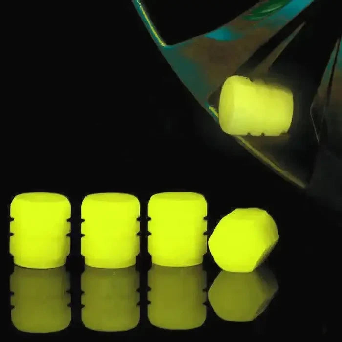 Luminous fluorescent tire valve caps by Habicare (HBC), glow-in-the-dark design for easy visibility on vehicle wheels.