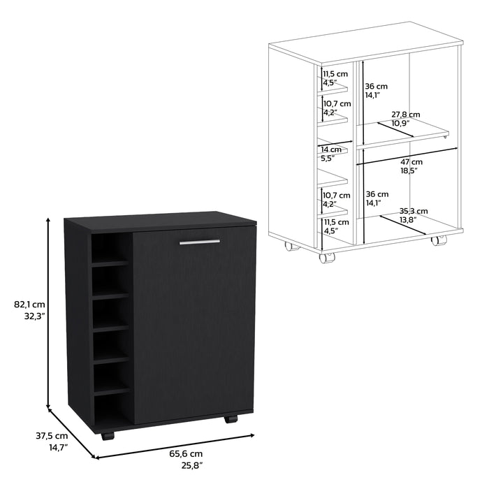 Luxury Rolling Bar & Coffee Cart with 6-Bottle Storage, Black