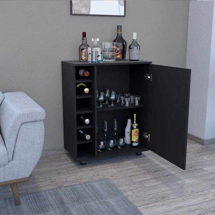Luxury Rolling Bar & Coffee Cart with 6-Bottle Storage, Black