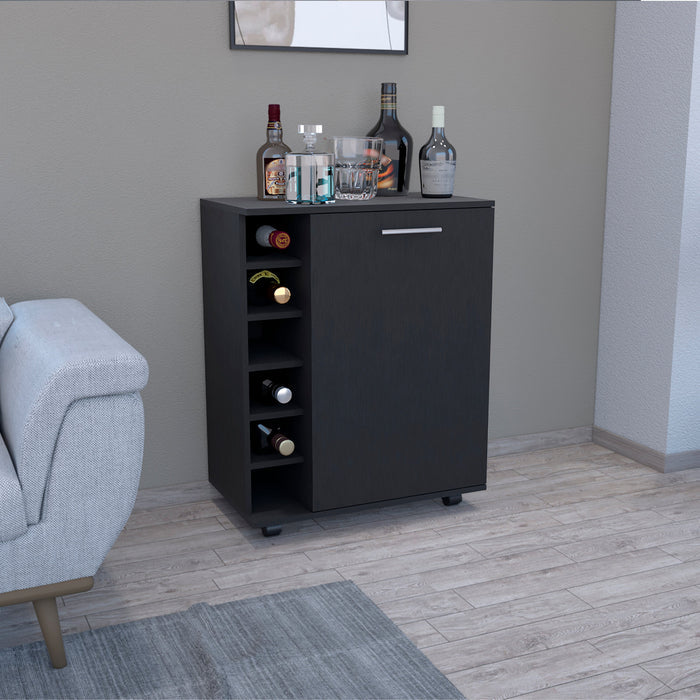 Luxury Rolling Bar & Coffee Cart with 6-Bottle Storage, Black