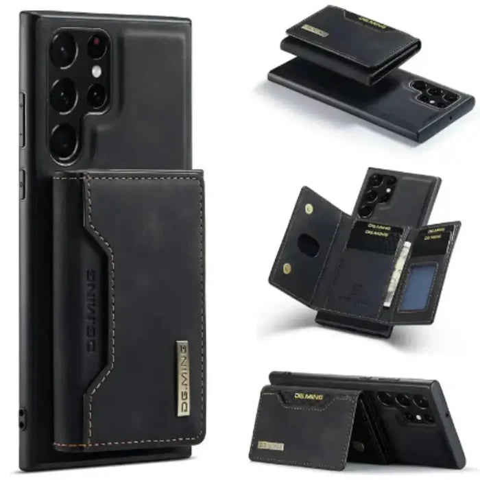 Black M2 leather case with wallet for Samsung phones by Habicare, featuring magnetic closure and card slots.