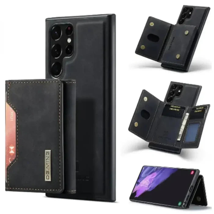 Habicare M2 Leather Case for Samsung in black with wallet, featuring magnetic closure and card slots.