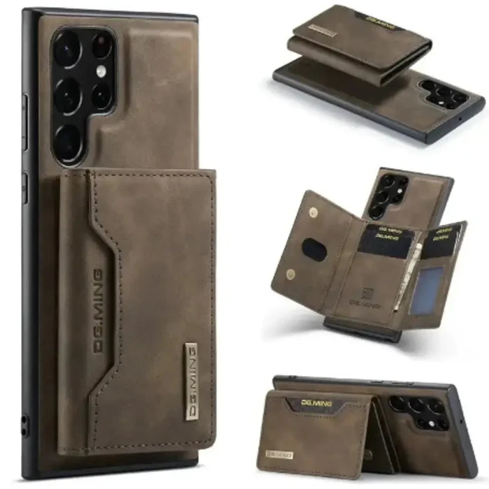 Habicare M2 Leather Case for Samsung in coffee color with built-in wallet and magnetic closure, designed for stylish protection.