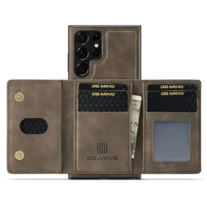Habicare M2 Leather Case for Samsung in coffee color with built-in wallet and magnetic closure, stylish protective phone cover.