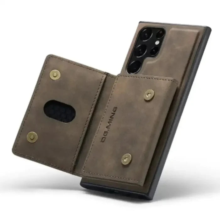 Habicare M2 leather phone case for Samsung in coffee color with built-in wallet and magnetic closure.