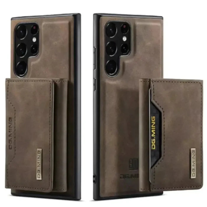Habicare M2 leather case for Samsung Galaxy features a coffee-colored magnetic cover and integrated wallet with bag design.