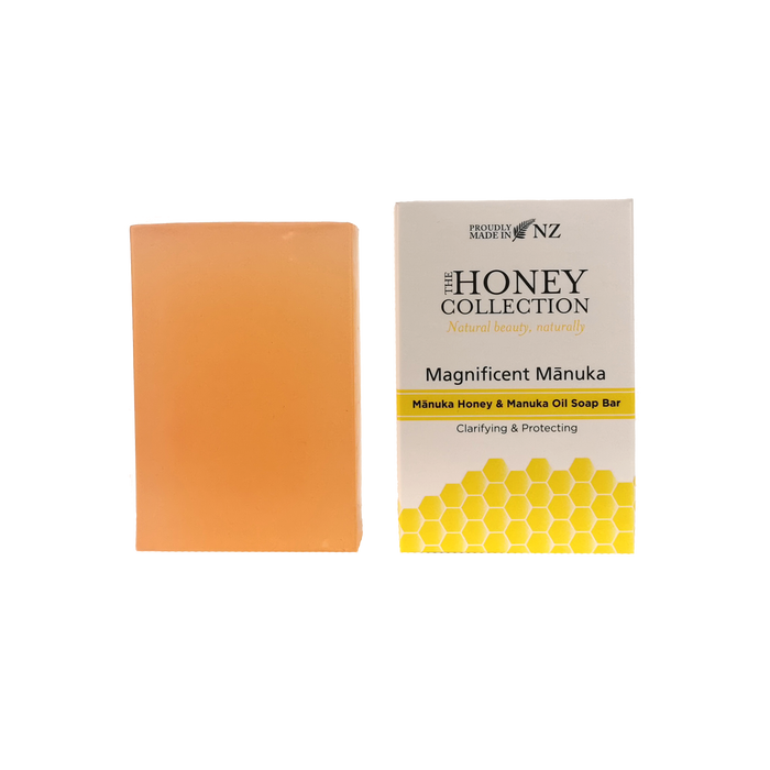 Bar of The Honey Collection Magnificent Manuka soap with natural Manuka honey and Manuka oil, showcasing a creamy, textured soap bar.