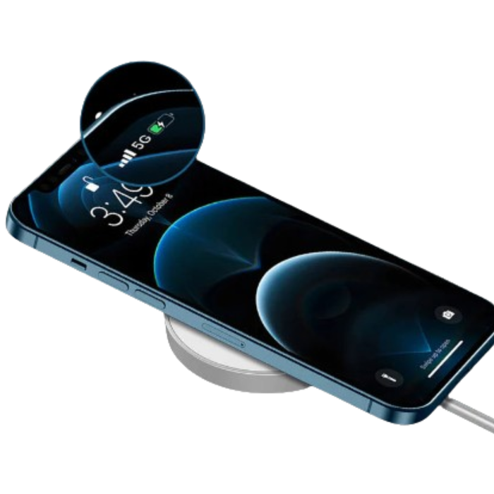 9eight5 MagSafe wireless charger for iPhone, sleek electronics accessory with circular charging pad and magnetic alignment.
