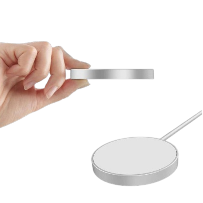 Wireless MagSafe charger for iPhone by 9eight5, showing sleek matte finish and magnetic alignment feature.