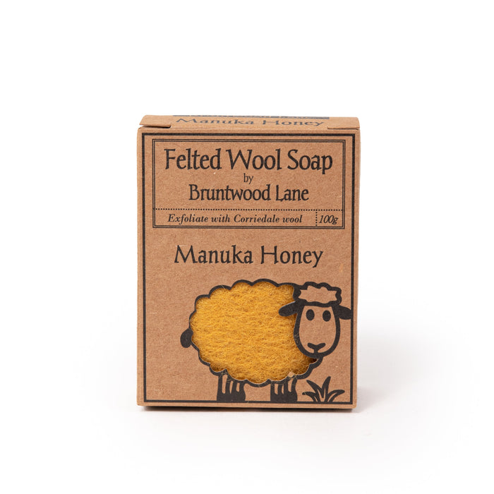 Felted Manuka Honey Wool Soap by Bruntwood Lane showing a handcrafted felted soap with honey and wool textures.