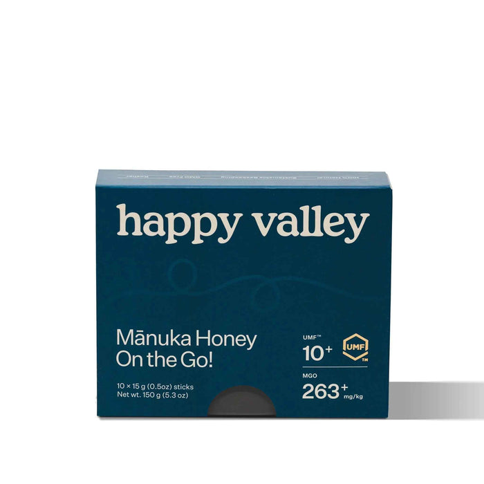 Manuka honey packets from Happy Valley Honey, UMF 10+ honey sticks for on-the-go natural sweetening.