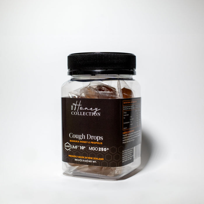Manuka honey and propolis cough drops from The Honey Collection in a clear wrapper, showcasing natural ingredients and soothing relief.