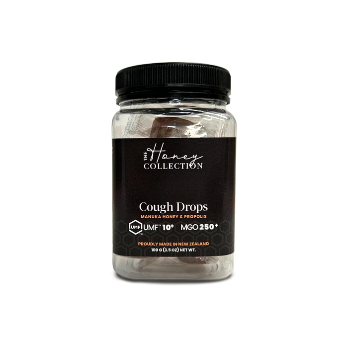 Manuka honey and propolis cough drops in honey flavor, featuring lozenge-shaped lozenges with natural ingredients.
