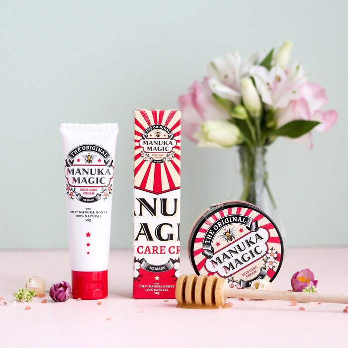 Manuka Magic remedial cream by The Honey Collection, featuring natural honey and herbal ingredients in a wholesome skincare product.