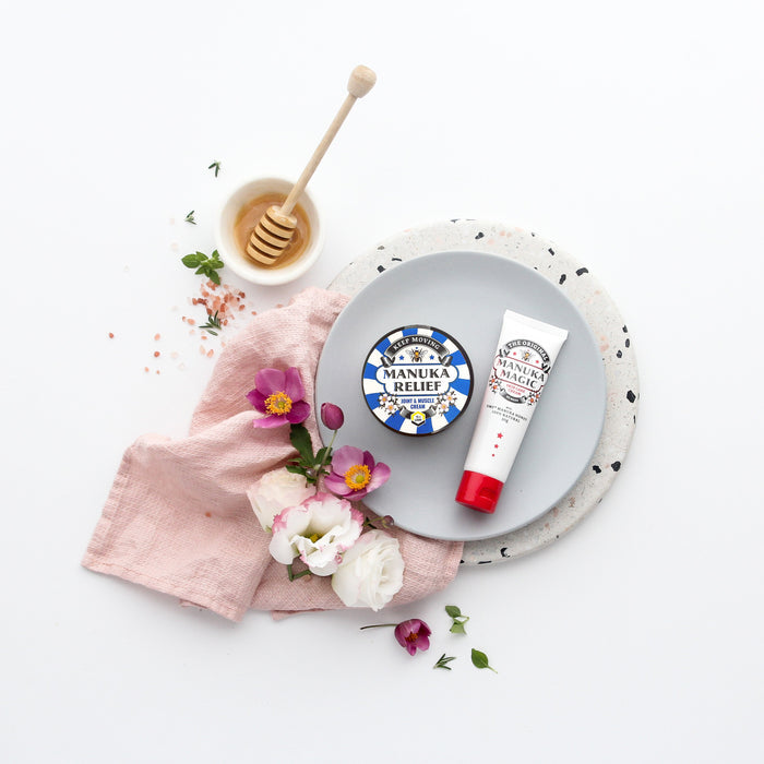 Manuka Relief remedial cream by The Honey Collection, featuring natural Manuka honey in a soothing topical treatment.