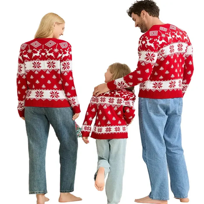 Matching family Christmas jerseys in short sleeve style by Habicare, featuring festive holiday patterns and cozy knit fabric.