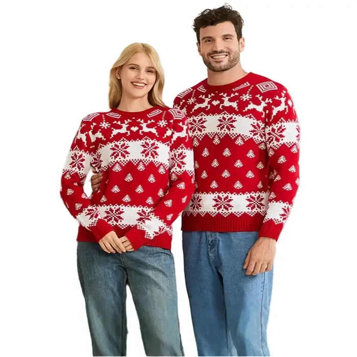 Matching family Christmas jerseys in short sleeve style by Habicare, featuring festive holiday designs and cozy knit fabric.
