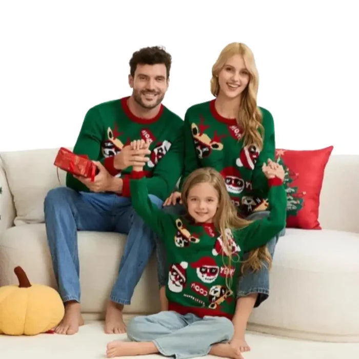 Matching family Christmas sweaters in SS size by Habicare, featuring festive holiday designs for all family members.