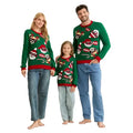 Green matching family Christmas sweaters by Habicare, featuring festive designs, available in five sizes for kids and adults.