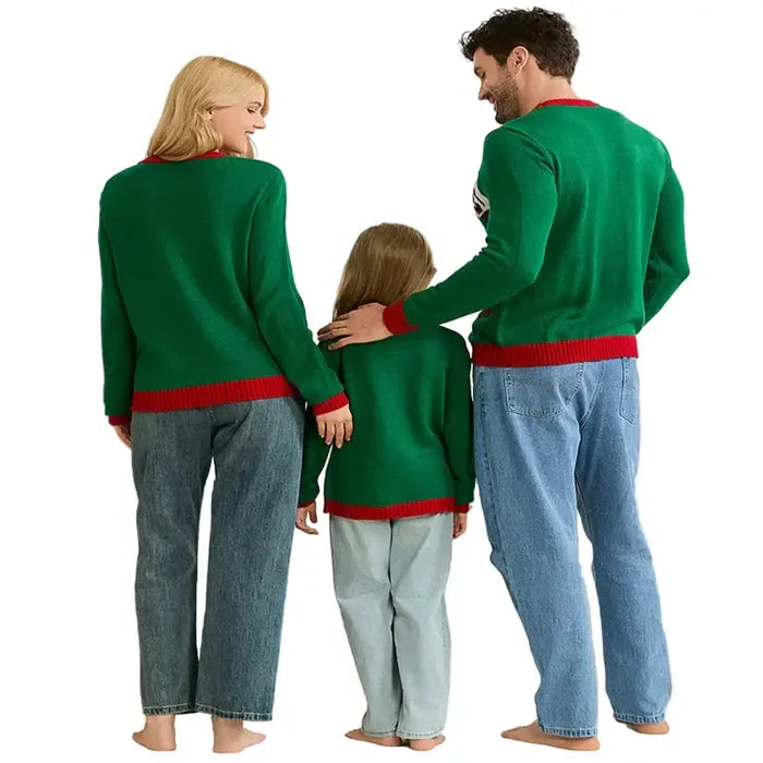 Family Christmas sweaters by Habicare in five sizes, featuring festive holiday patterns, ideal for matching holiday family photos.